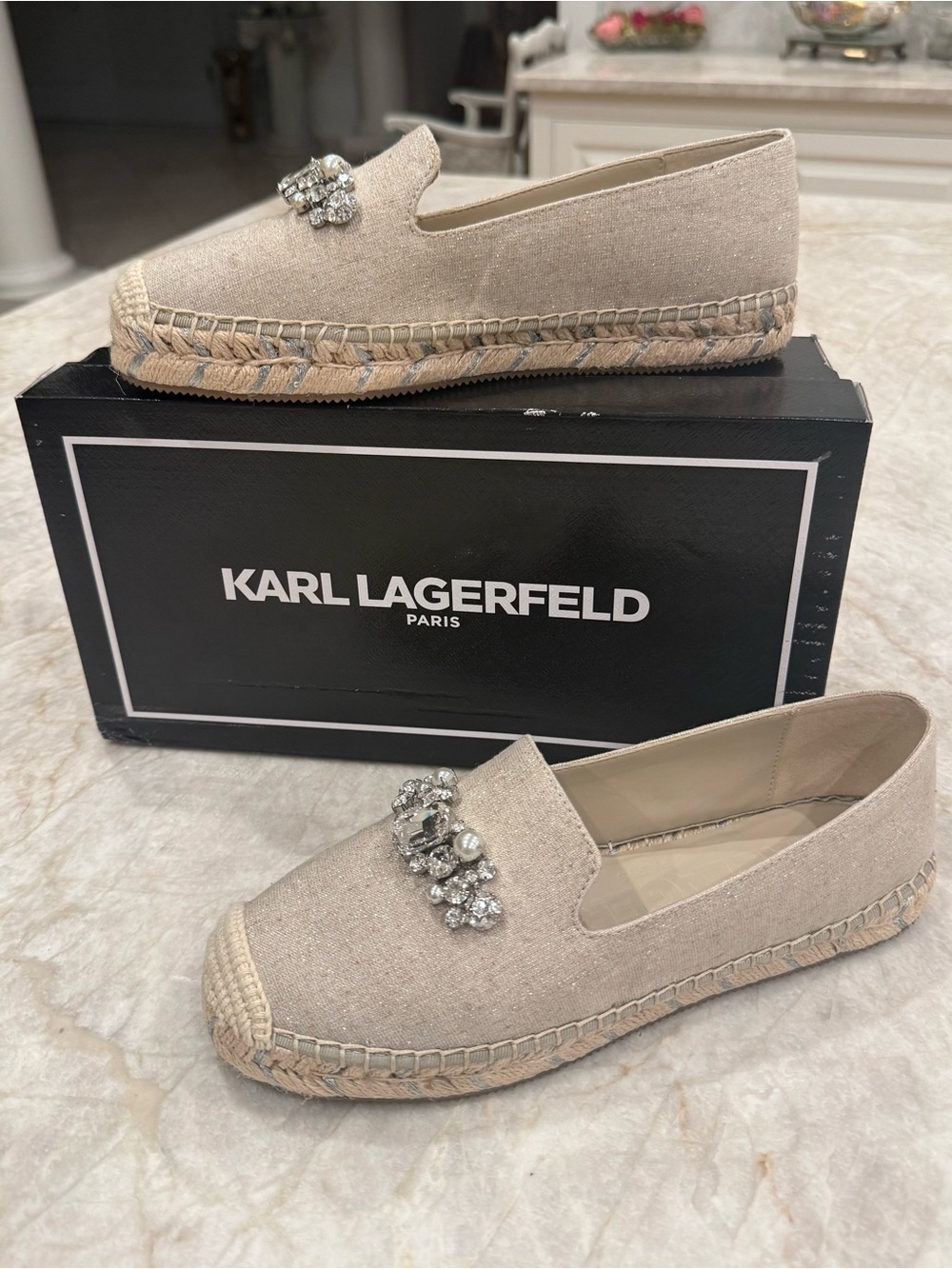 Karl Lagerfeld Beige Crystal Espadrille Slip-Ons